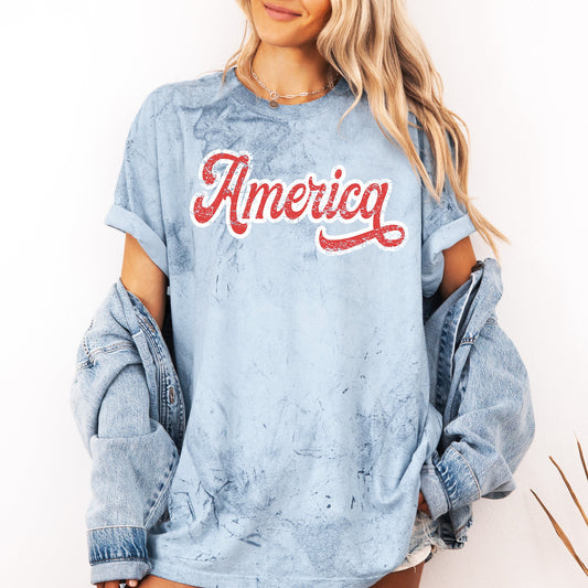 Color Blast America Patriot USA 4th of July Vintage Varsity Retro Red White Blue Color Block Comfort Colors Tee