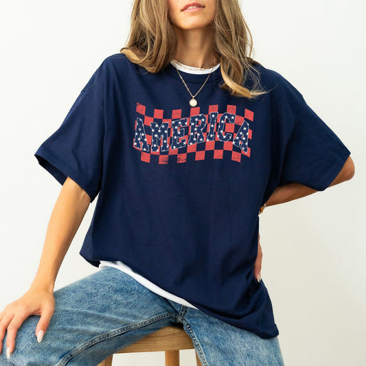 America Retro Patriotic USA Checkered Vintage Flag Inspired Heritage Edition Comfort Colors Tee