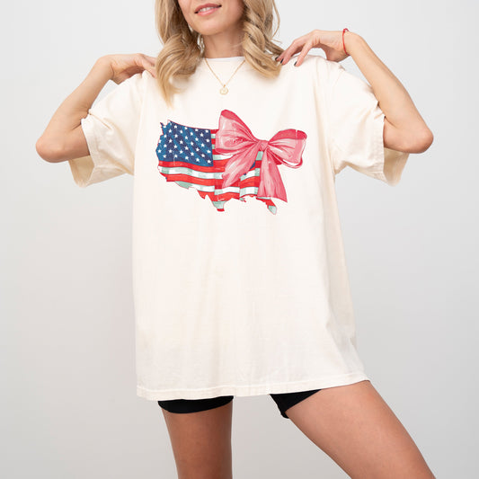 Coquette American Flag Bow Ribbon USA Independence Day Retro Vintage Comfort Colors Tee