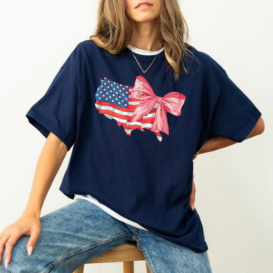 Coquette American Flag Bow Ribbon USA Independence Day Retro Vintage Comfort Colors Tee