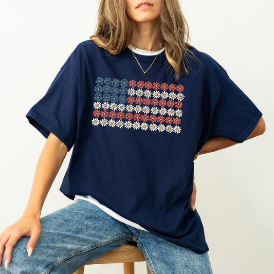 American Flag Floral Patriotic Garden 1776 USA Inspired Vintage Style Comfort Colors Tee