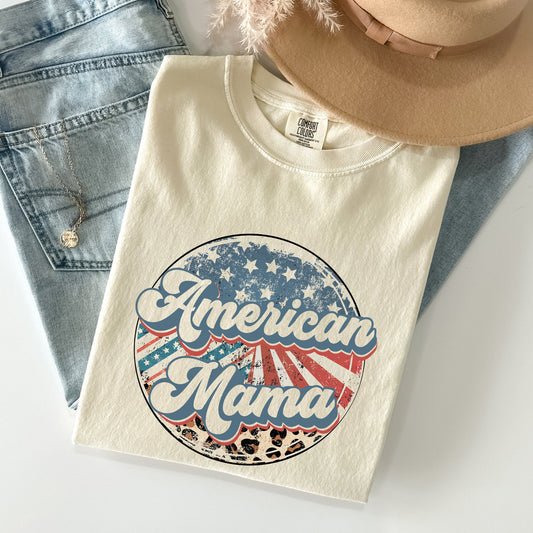 American Mama Leopard Print Patriotic 4th of July Vintage Flag Pattern Comfort Colors Tee