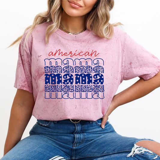 American Mama Retro Patriotic Stars Leopard Color Blast Vintage Americana Edition Comfort Colors Tee