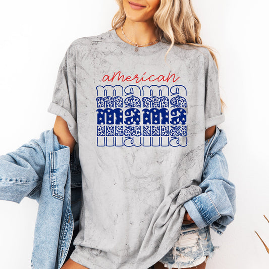 American Mama Retro Patriotic Stars Leopard Color Blast Vintage Americana Edition Comfort Colors Tee