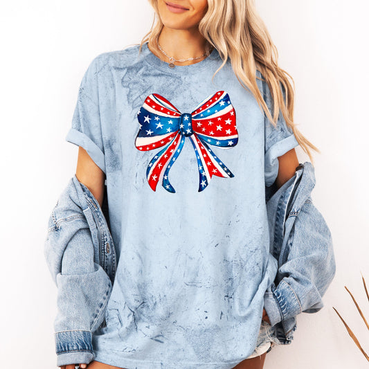 American Bow Patriotic Color Blast Vintage Inspired 4th Of July Americana Stars Stripes Flag Design Comfort Colors Tee