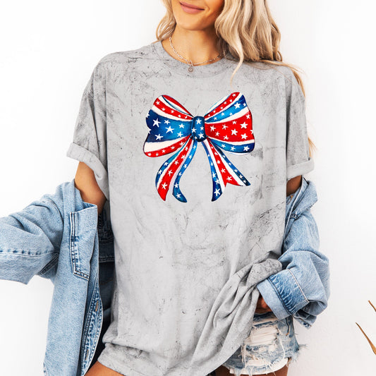American Bow Patriotic Color Blast Vintage Inspired 4th Of July Americana Stars Stripes Flag Design Comfort Colors Tee