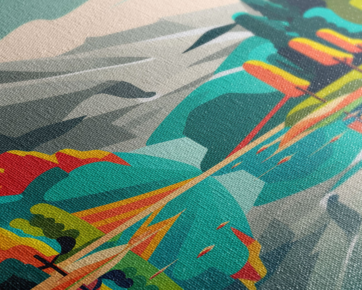Retro Midcentury Style Wall Art, Framed Canvas Print, Colorful Wall Art, Mountain Landscape, Office Decor, Low Res Art
