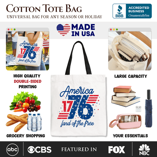 America 1776 Land of the Free Tote Bag, Vintage 4th of July Gift Shopper