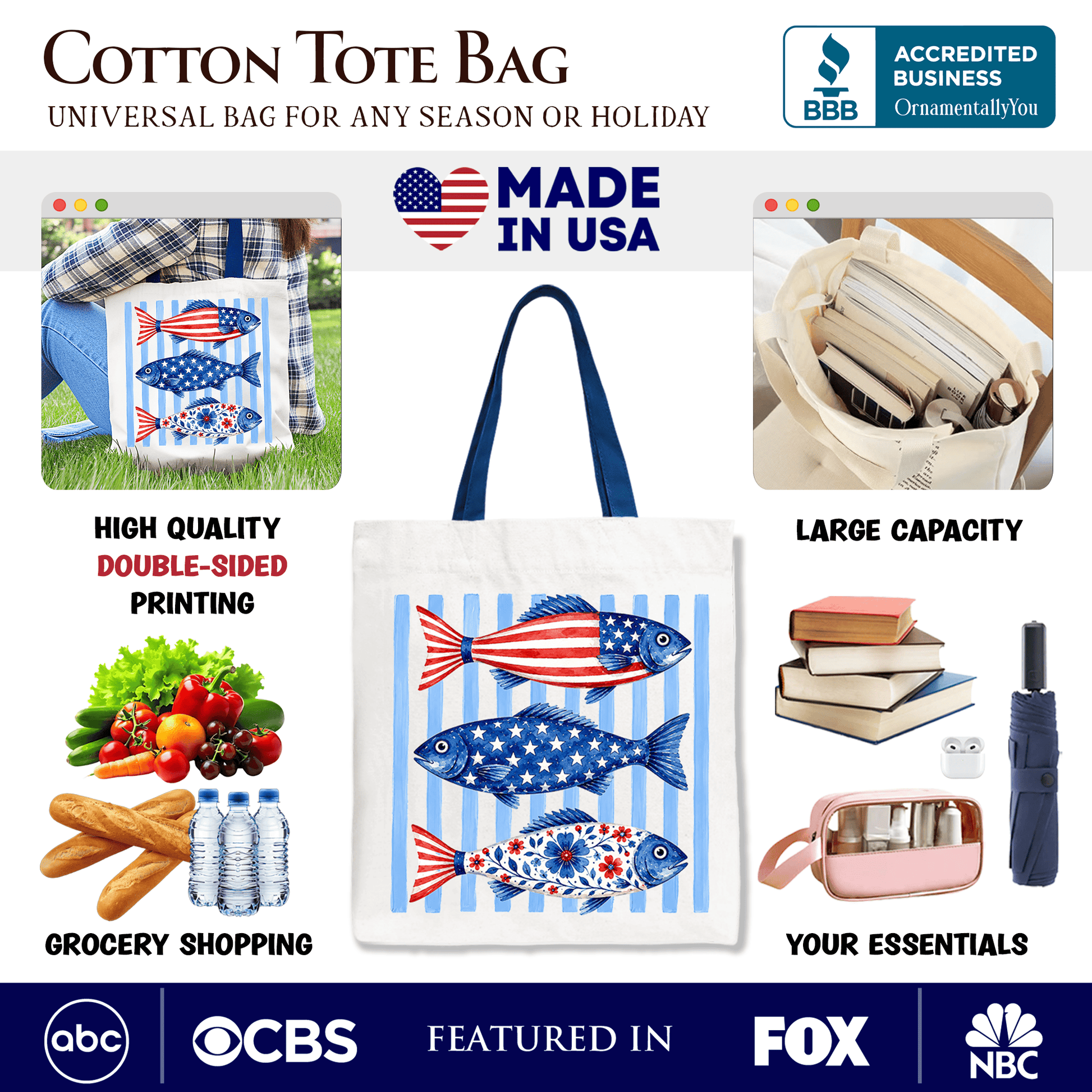 Patriotic Fish Striped Tote Bag, 4th of July Beach Gift Shopper