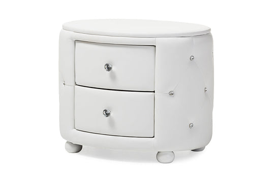 Baxton Studio Davina Hollywood Glamour Style Oval 2-drawer White Faux Leather Upholstered Nightstand