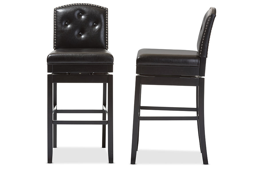 Baxton Studio Ginaro Modern and Contemporary Dark Brown Faux Leather Button-tufted Upholstered Swivel Bar Stool (Set of 2)