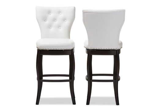 Baxton Studio Leonice Modern and Contemporary White Faux Leather Upholstered Button-tufted 29-Inch Swivel Bar Stool (Set of 2)