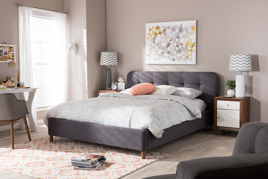 Baxton Studio Germaine Mid-Century Modern Dark Grey Fabric King Size Grid-Tufting Platform Bed