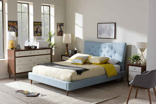 Baxton Studio Hannah Mid-Century Modern Sky Blue King Size Fabric Platform Bed