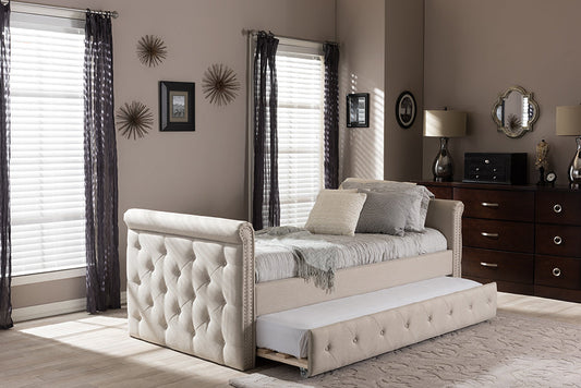 Baxton Studio Swamson Modern and Contemporary Beige Fabric Tufted Twin Size Daybed with Roll-out Trundle Guest Bed