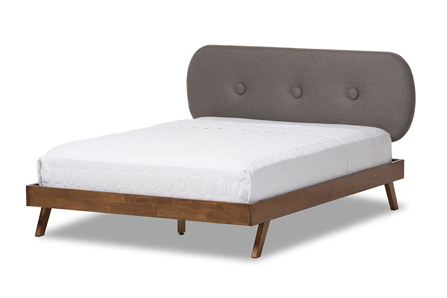 Baxton Studio Penelope Mid-Century Modern Solid Walnut Wood Grey Fabric Upholstered Queen Size Platform Bed