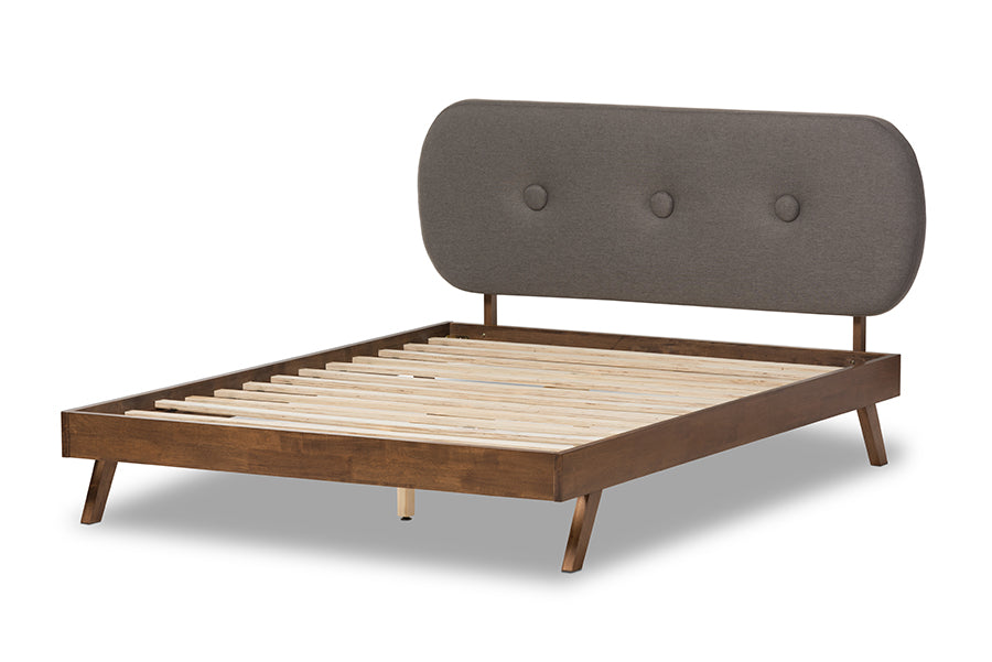 Baxton Studio Penelope Mid-Century Modern Solid Walnut Wood Grey Fabric Upholstered King Size Platform Bed