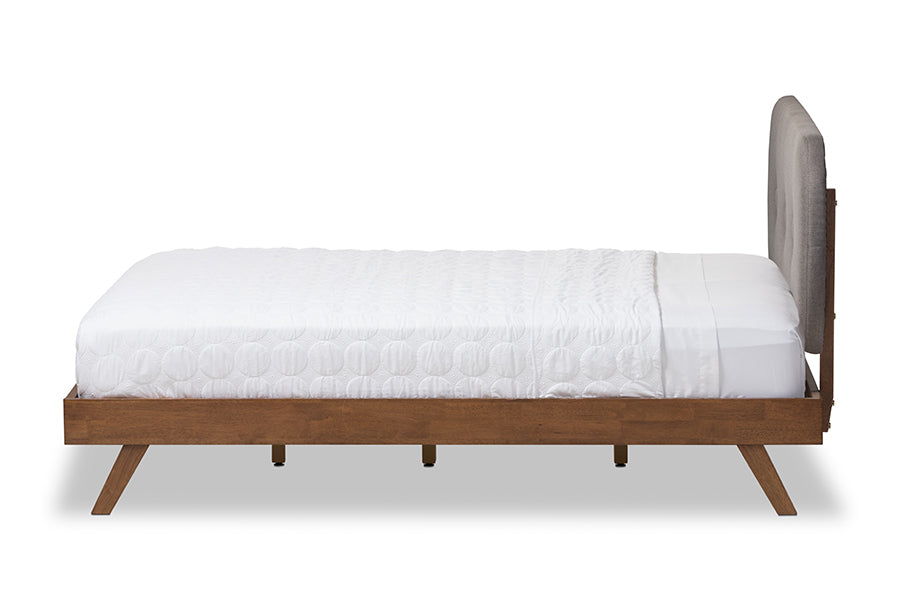 Baxton Studio Penelope Mid-Century Modern Solid Walnut Wood Grey Fabric Upholstered Queen Size Platform Bed