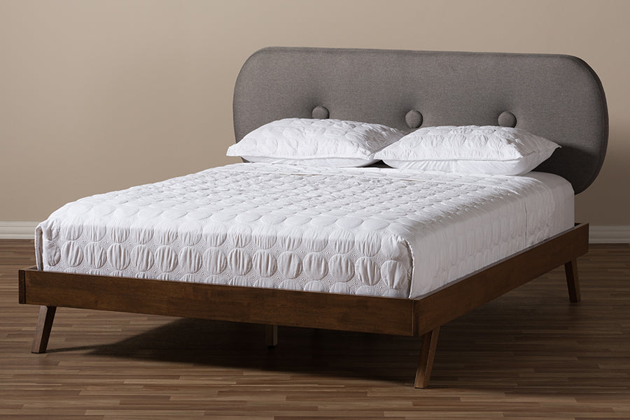 Baxton Studio Penelope Mid-Century Modern Solid Walnut Wood Grey Fabric Upholstered Queen Size Platform Bed