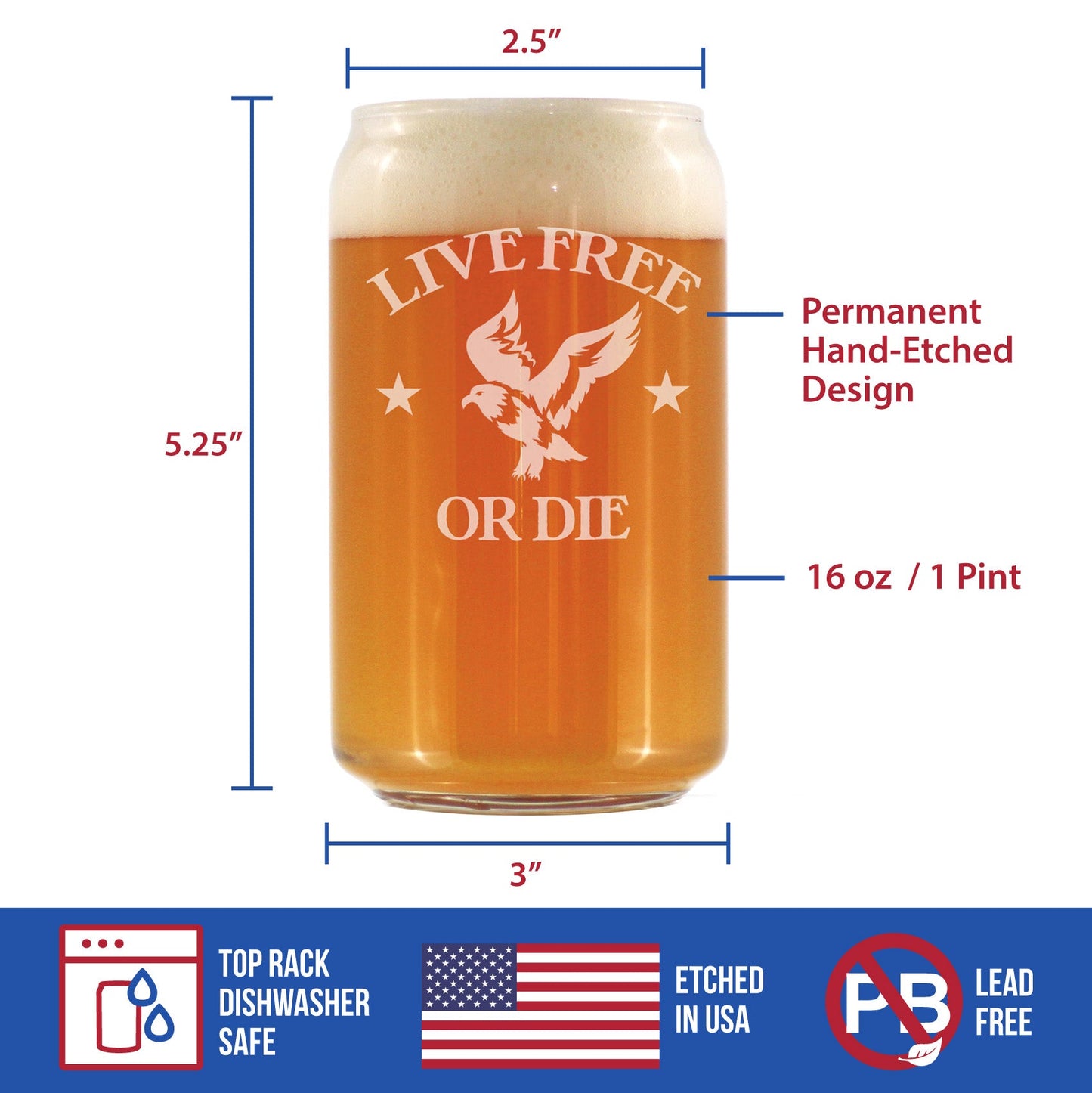 Live Free Or Die - American Patriotic Beer Can Pint Glass Gift for Men & Women - 16 oz Drinking Glasses