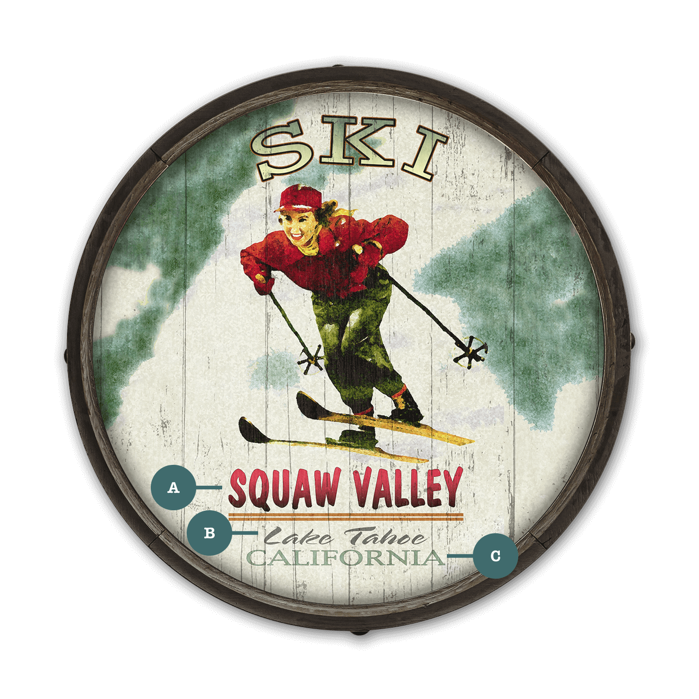 Mountain Momentum Female Skier - Barrel End Wall Art
