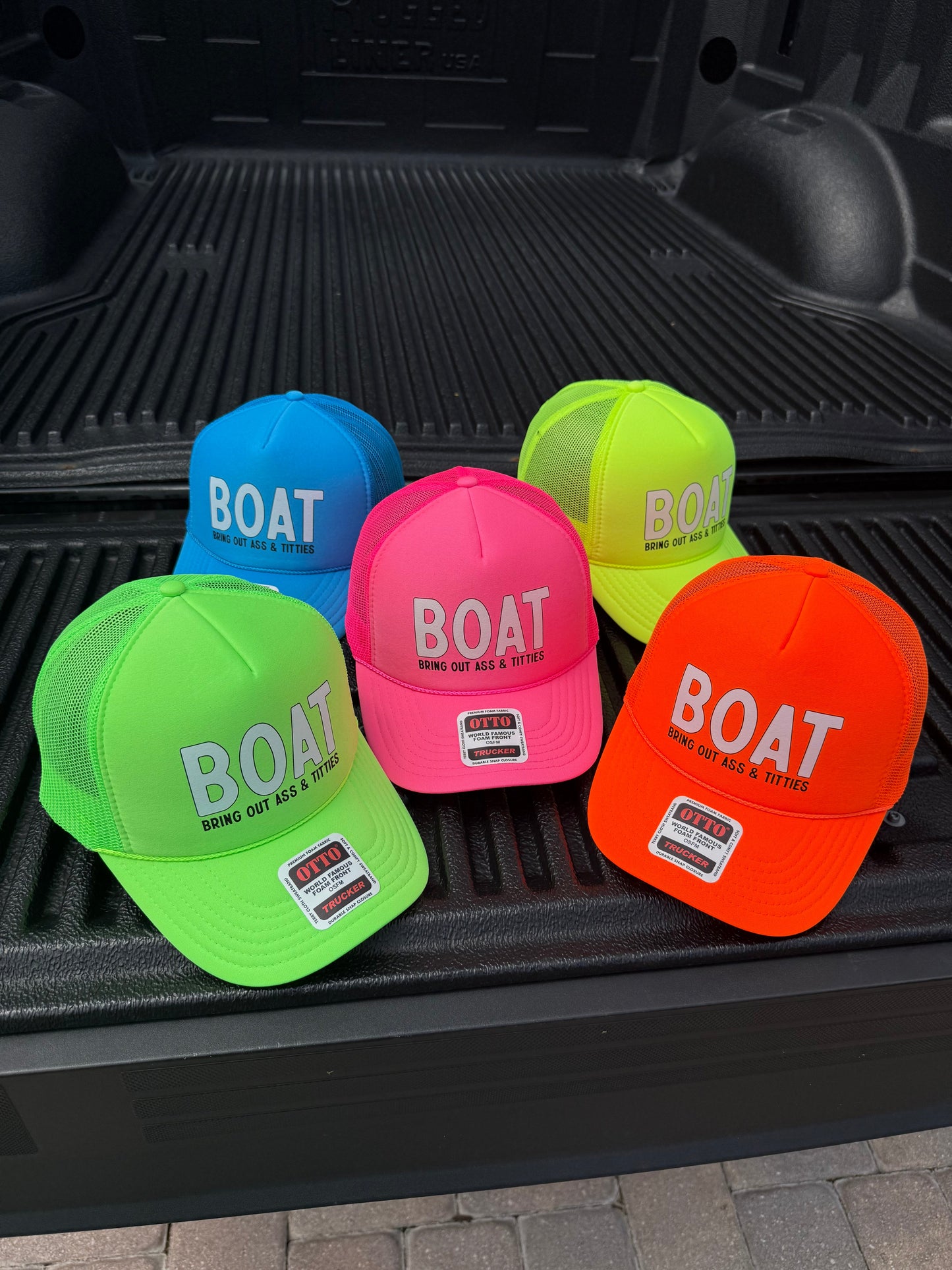 BOAT - Bring Out Ass & Titties Neon Adjustable Snapback Foam Trucker Hat by Luckless Outfitters