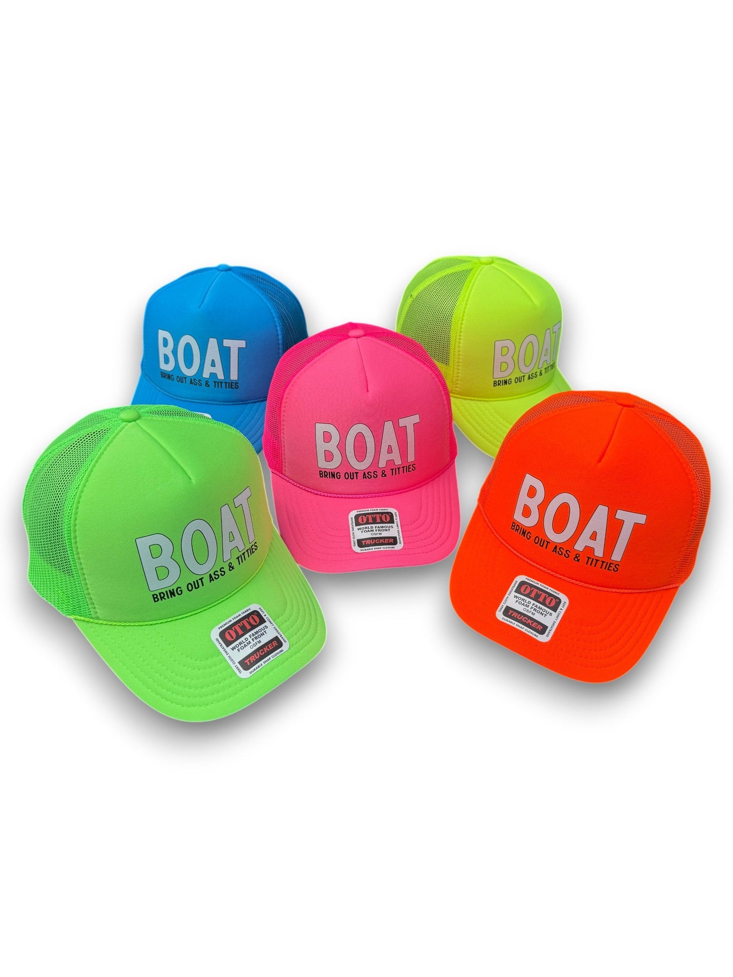 BOAT - Bring Out Ass & Titties Neon Adjustable Snapback Foam Trucker Hat by Luckless Outfitters