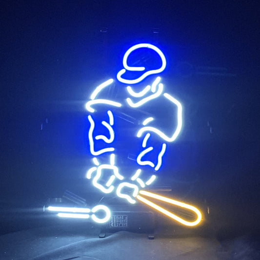 Baseball Player Neon Light Sign - 14"x17" Real Glass Tube with Metal Grid Backing