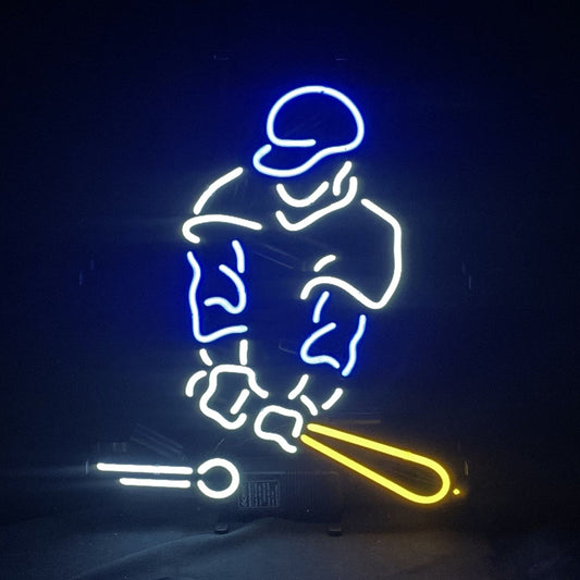 Baseball Player Neon Light Sign - 14"x17" Real Glass Tube with Metal Grid Backing