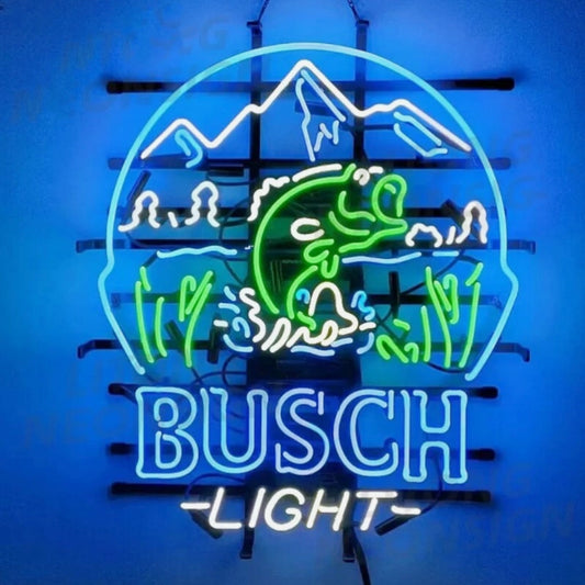 Bass Fish and Busch Light Neon Sign – 24" x 20" Real Glass Tube with Metal Grid Backing