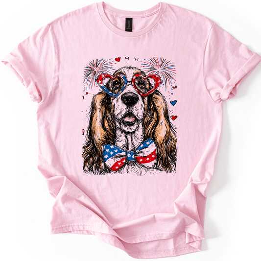 Basset Hound Patriotic Dog USA American Flag Fourth Of July Pet Lover Graphic Tee