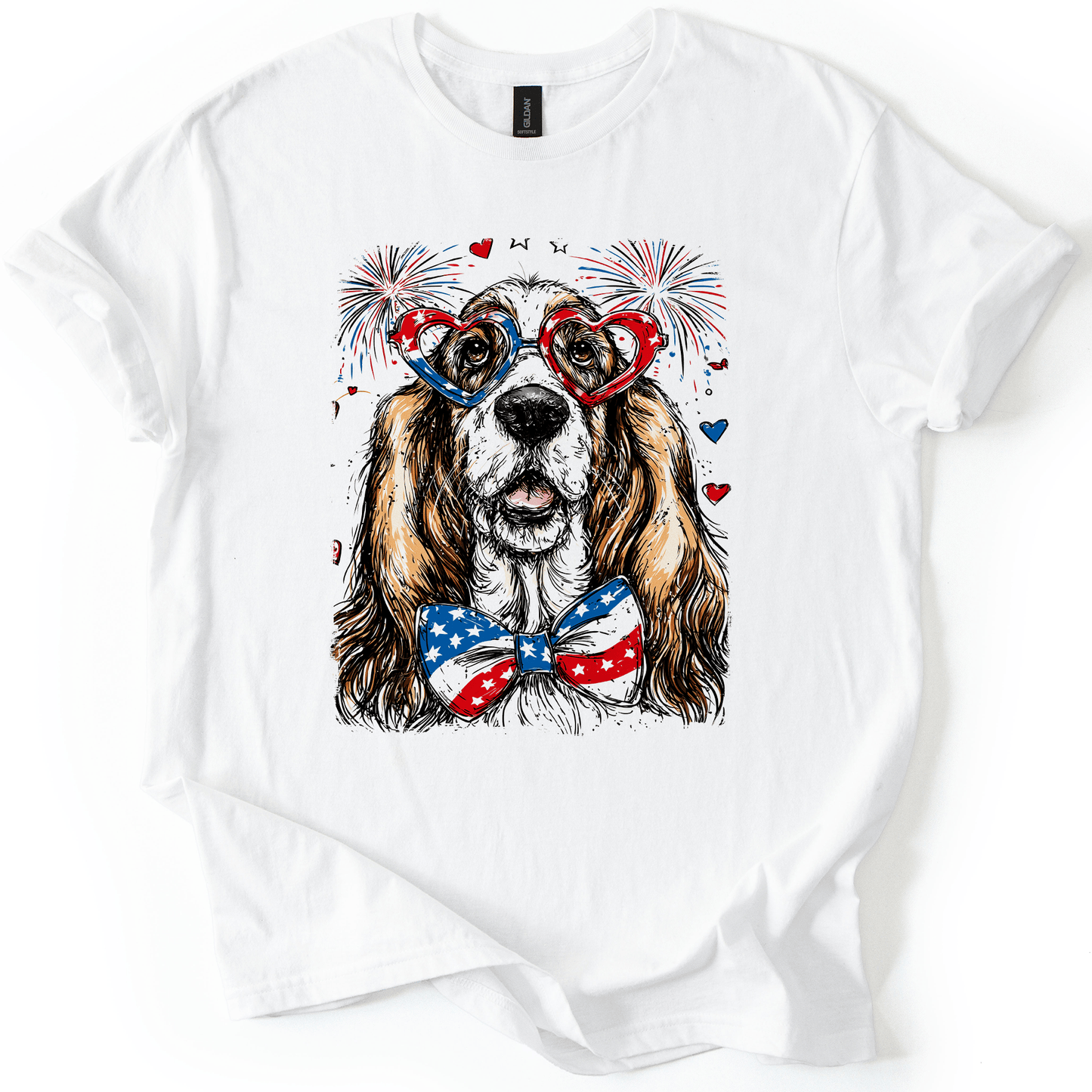 Basset Hound Patriotic Dog USA American Flag Fourth Of July Pet Lover Graphic Tee
