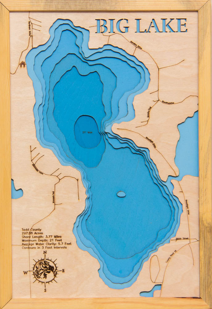 Laser Cut Maps of Big Lake in Todd County, Minnesota
