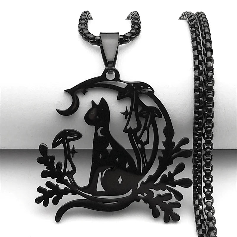 Cat Moon Mushroom Necklace