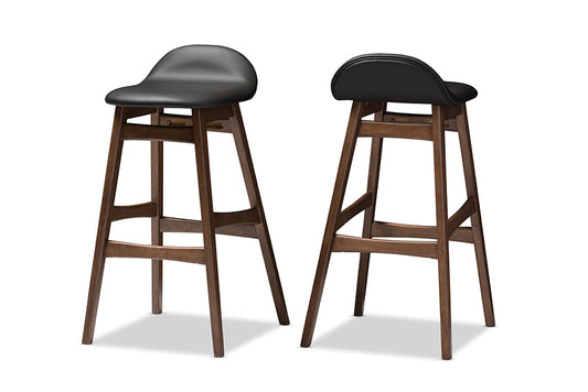 Baxton Studio Bloom Mid-century Retro Modern Scandinavian Style Black Faux Leather Upholstered Walnut Wood Finishing 30-Inches Bar Stool (Set of 2)