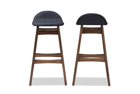 Baxton Studio Bloom Mid-century Retro Modern Scandinavian Style Dark Blue Fabric Upholstered Walnut Wood Finishing 30-Inches Bar Stool (Set of 2)