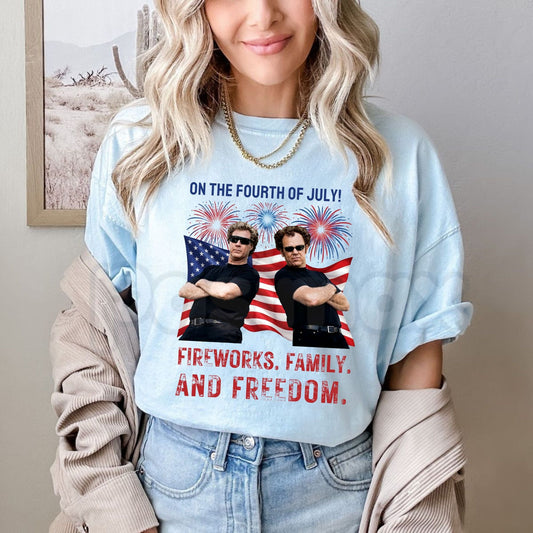 "Boats Hoes and Freedom" 4th of July T-Shirt – Funny Patriotic Nautical Graphic Tee, Premium 100% Cotton Independence Day Party Top, Soft Lived-In Heavyweight Summer Lake Life Shirt, Made in USA