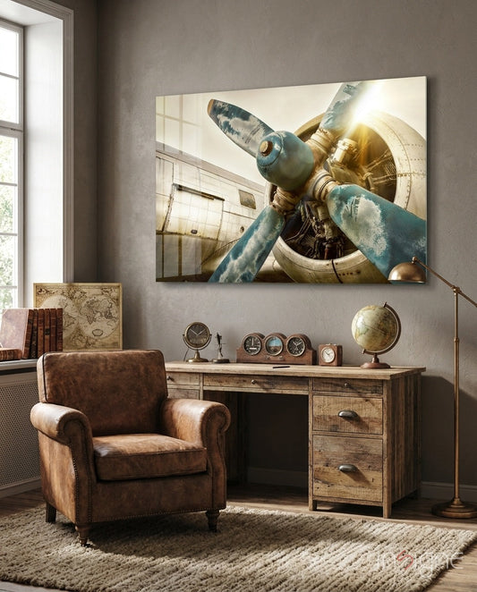 Airplane Glass Wall Art Featuring Vintage Turquoise Propeller with Amber and Chrome Accents