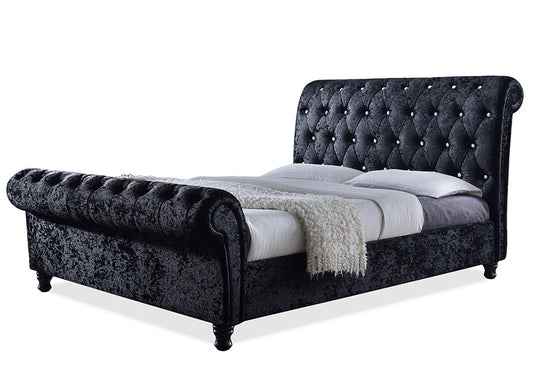 Baxton Studio Castello Black Velvet Upholstered Faux Crystal-Buttoned Sleigh Queen Platform Bed