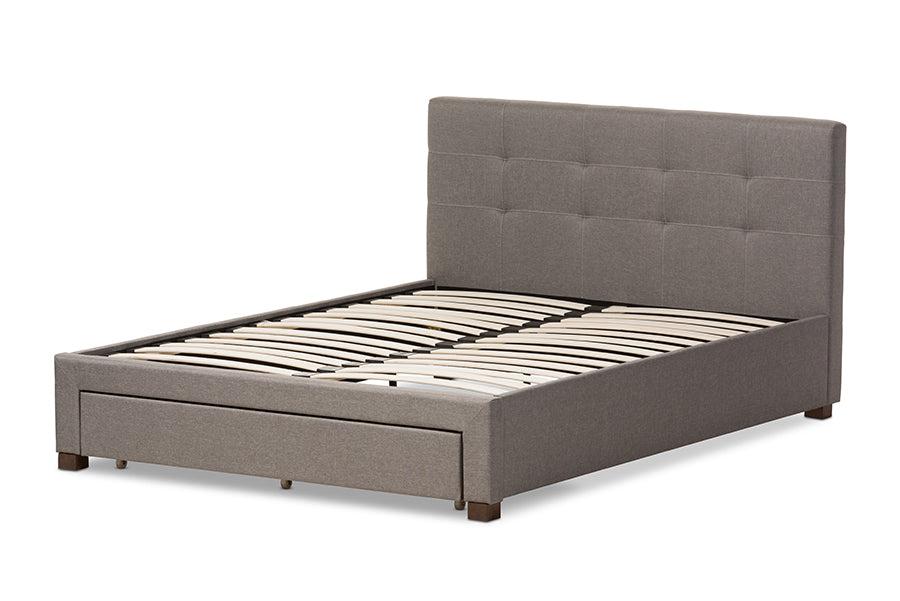 Baxton Studio Brandy Modern and Contemporary Grey Fabric Upholstered Queen Size Platform Bed with Storage Drawer