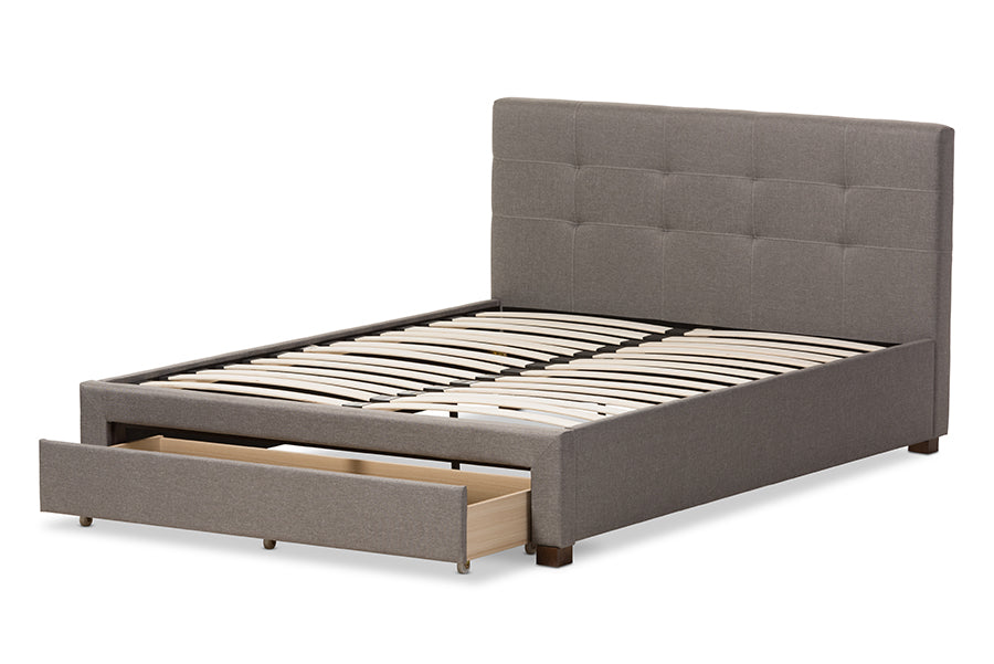 Baxton Studio Brandy Modern and Contemporary Grey Fabric Upholstered Queen Size Platform Bed with Storage Drawer
