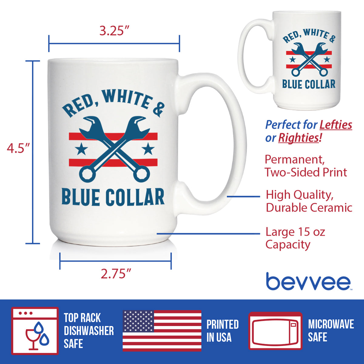 Red White & Blue Collar Coffee Mug Gifts for American Patriots White Ceramic Coffee Cup