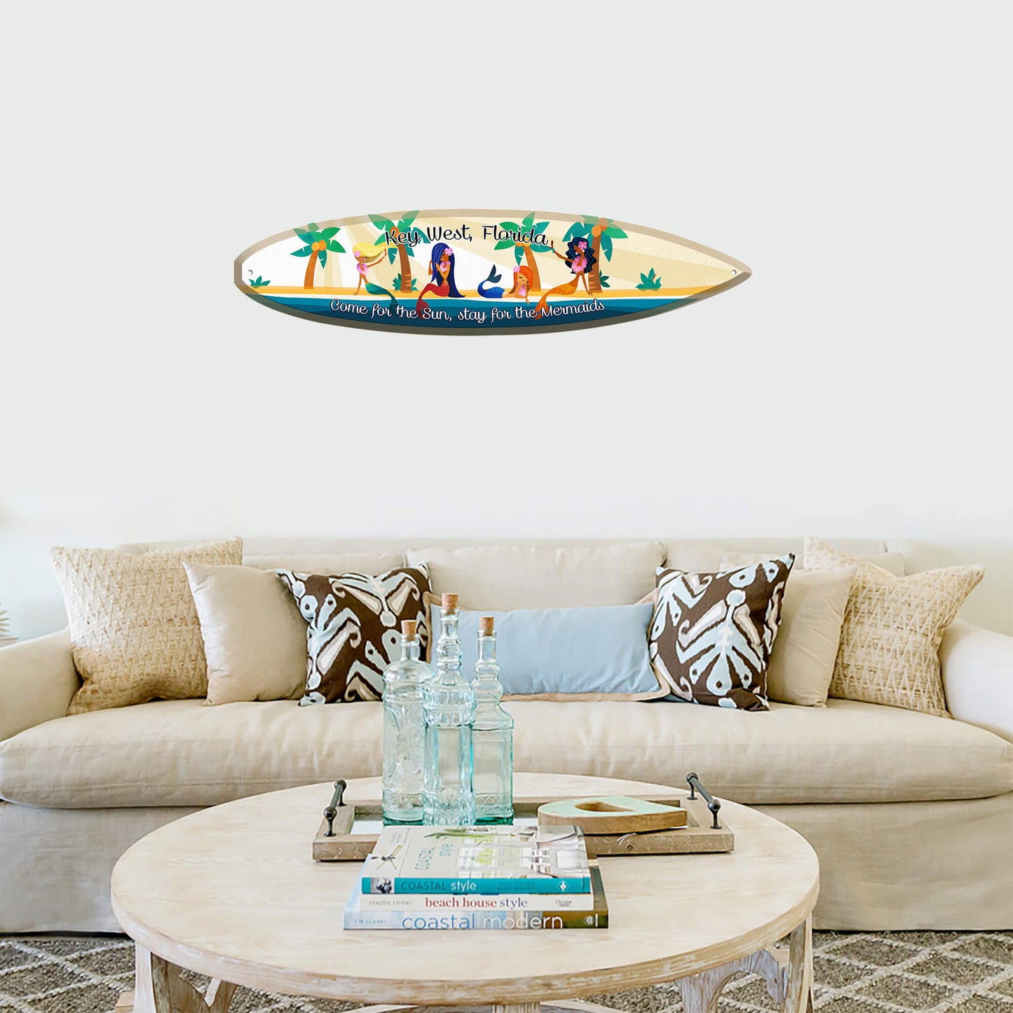 Come for the Sun, Stay for the Mermaids: Personalized - Surfboard Wall Art