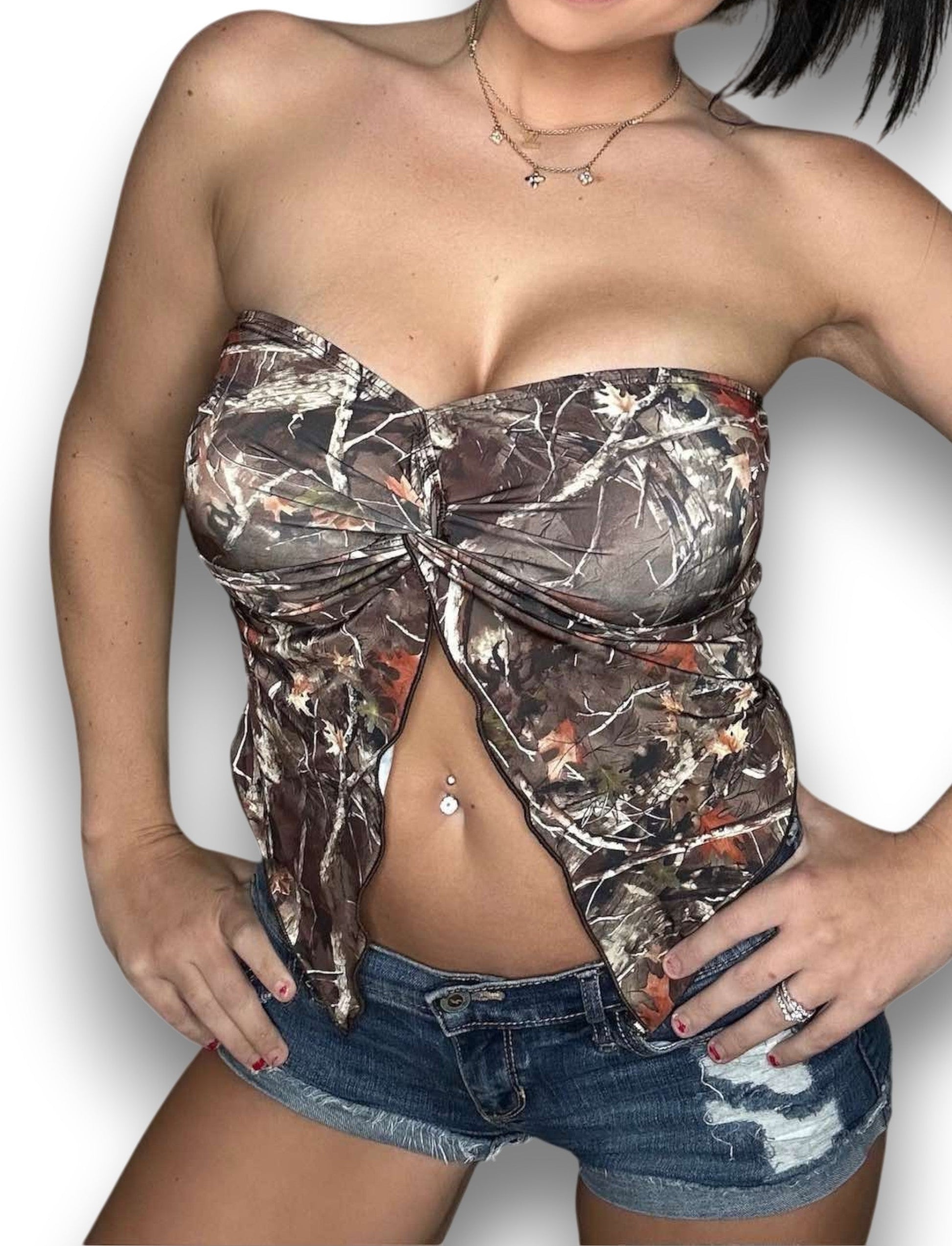 Camouflage Ruffle Tie-Front Top for Women