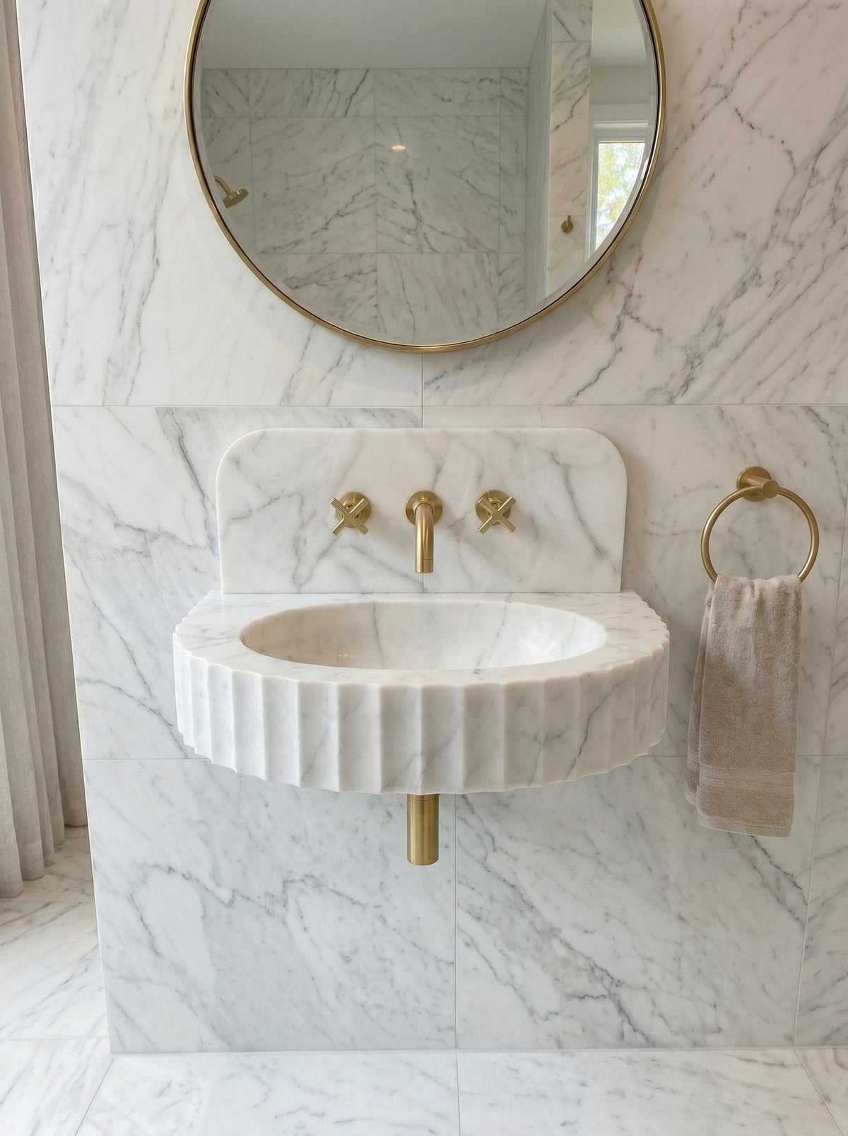 Carrara White Marble Wall-Mount Bathroom Sink with Fluted Front Design 16W x 24L x 6H