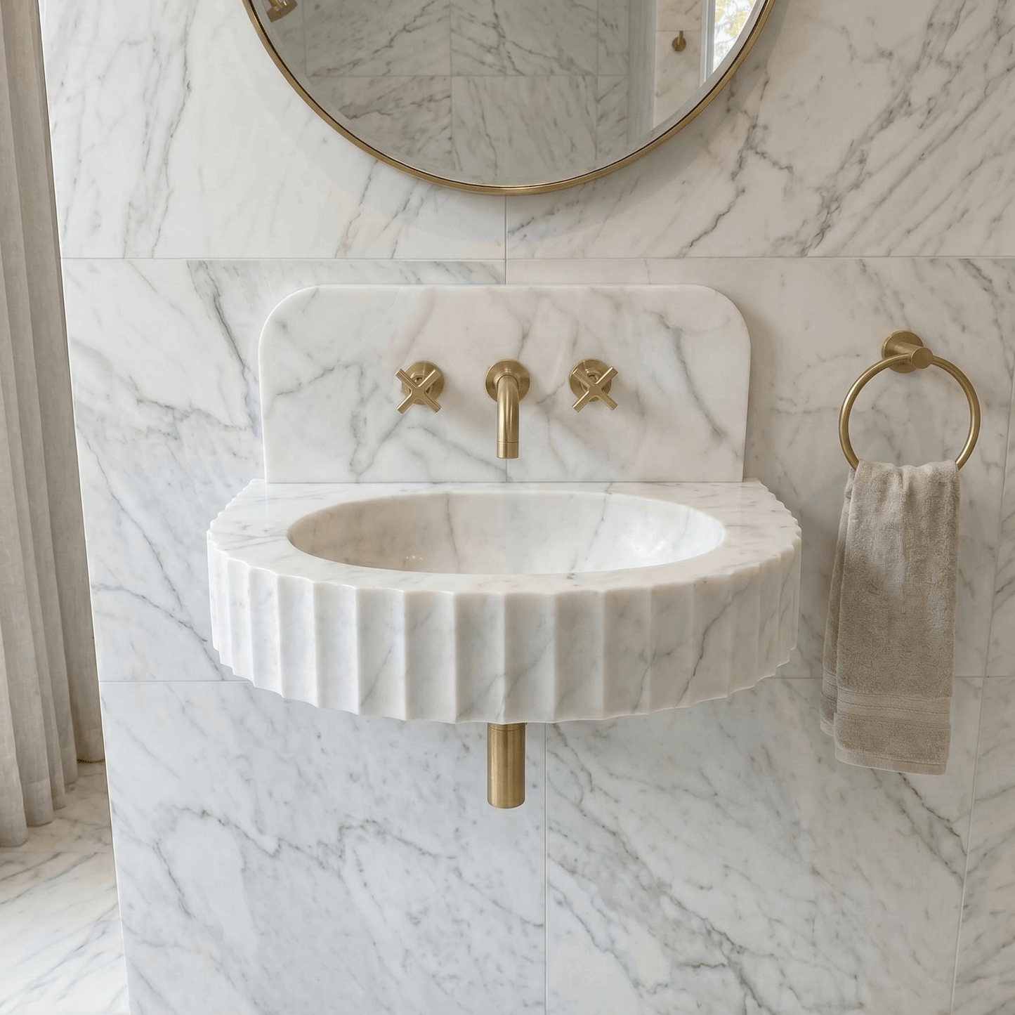 Carrara White Marble Wall-Mount Bathroom Sink with Fluted Front Design 16W x 24L x 6H