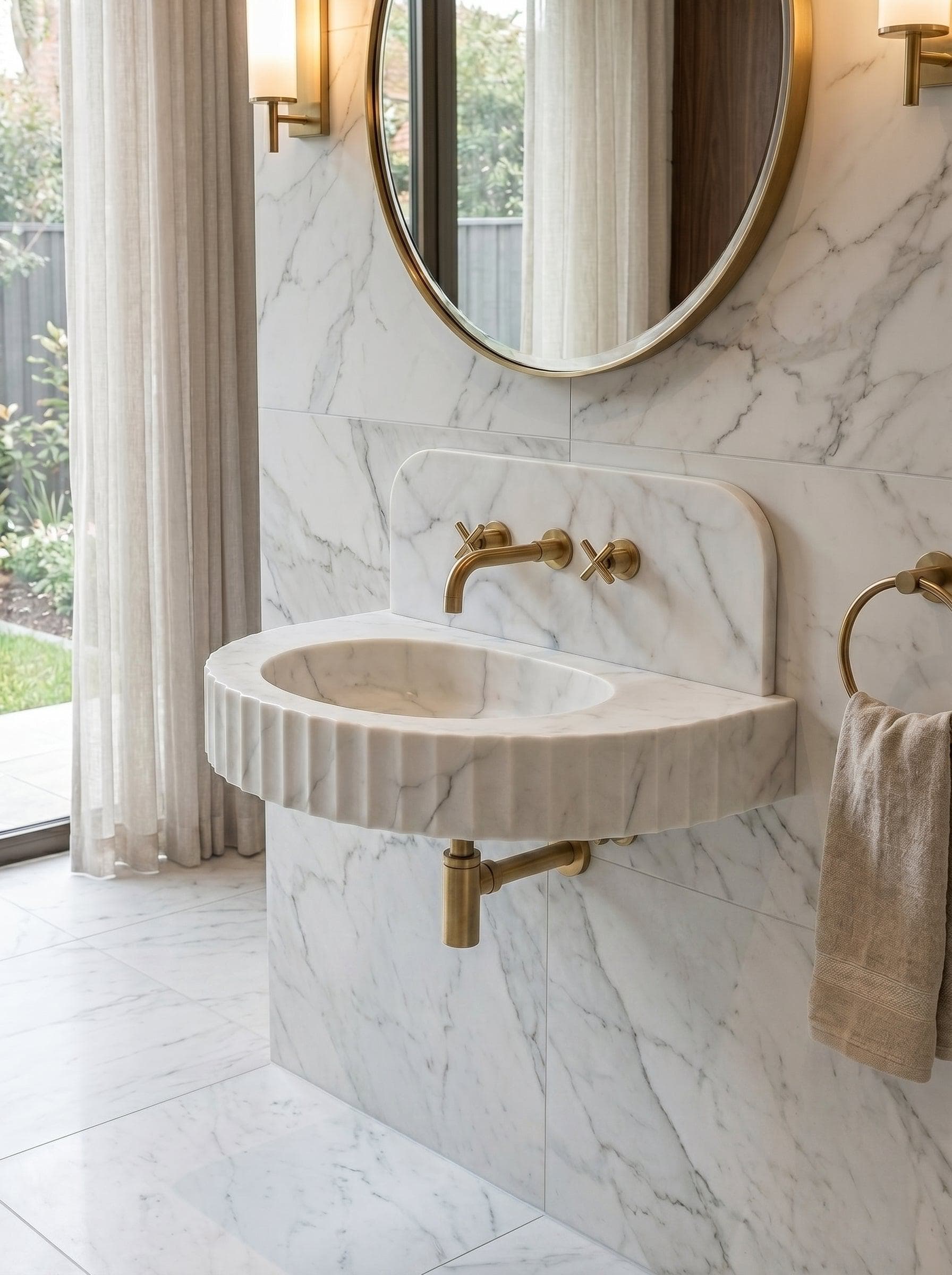 Carrara White Marble Wall-Mount Bathroom Sink with Fluted Front Design 16W x 24L x 6H
