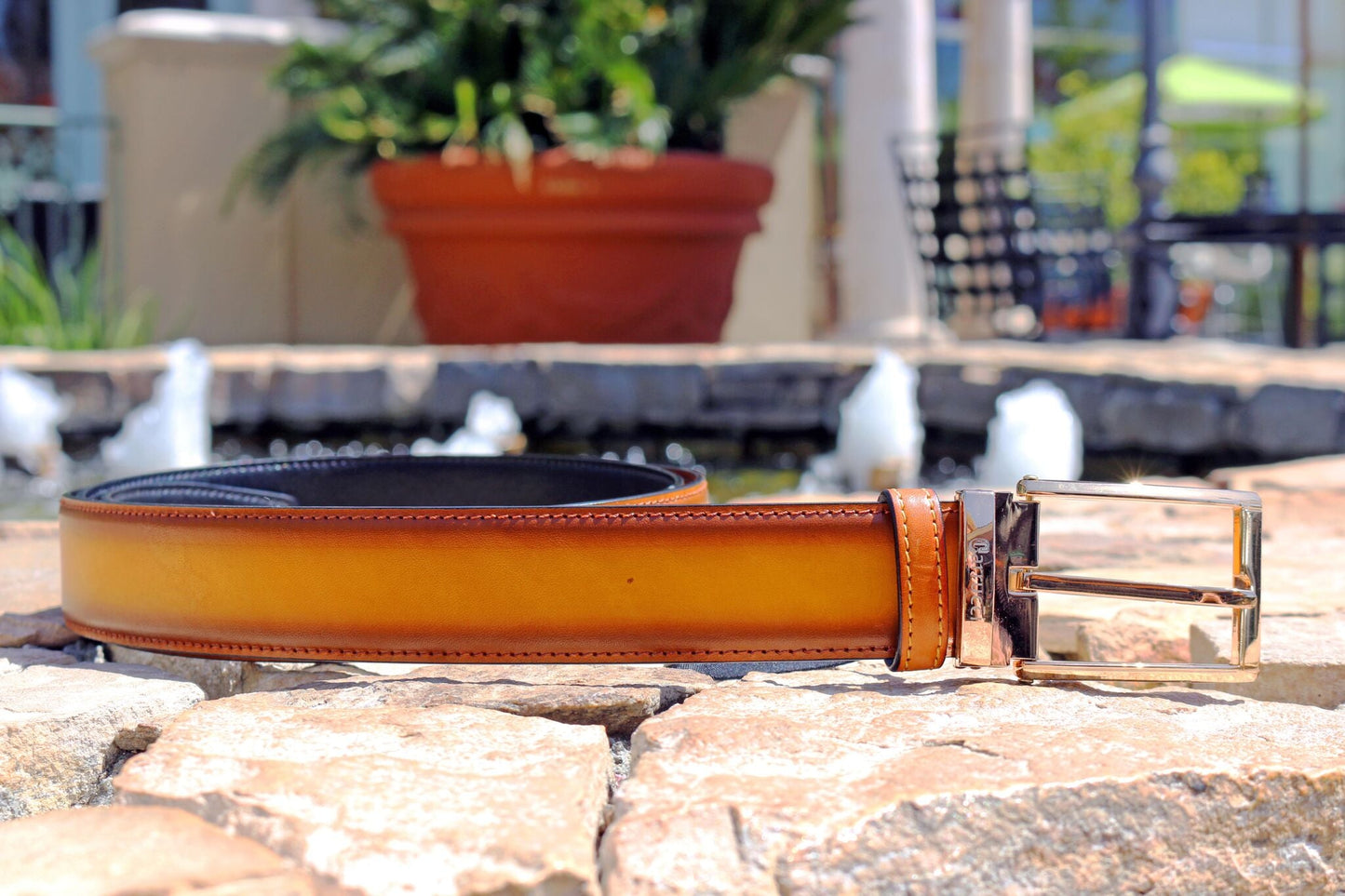 Carrucci Burnished Calfskin Belt - Cognac