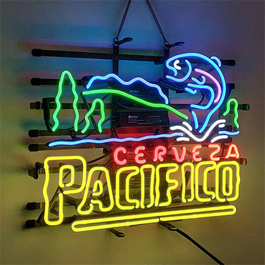 Pacifico Beer Go Fishing Neon Sign Light 19x15 Inches with Real Glass Tubes and Metal Grid