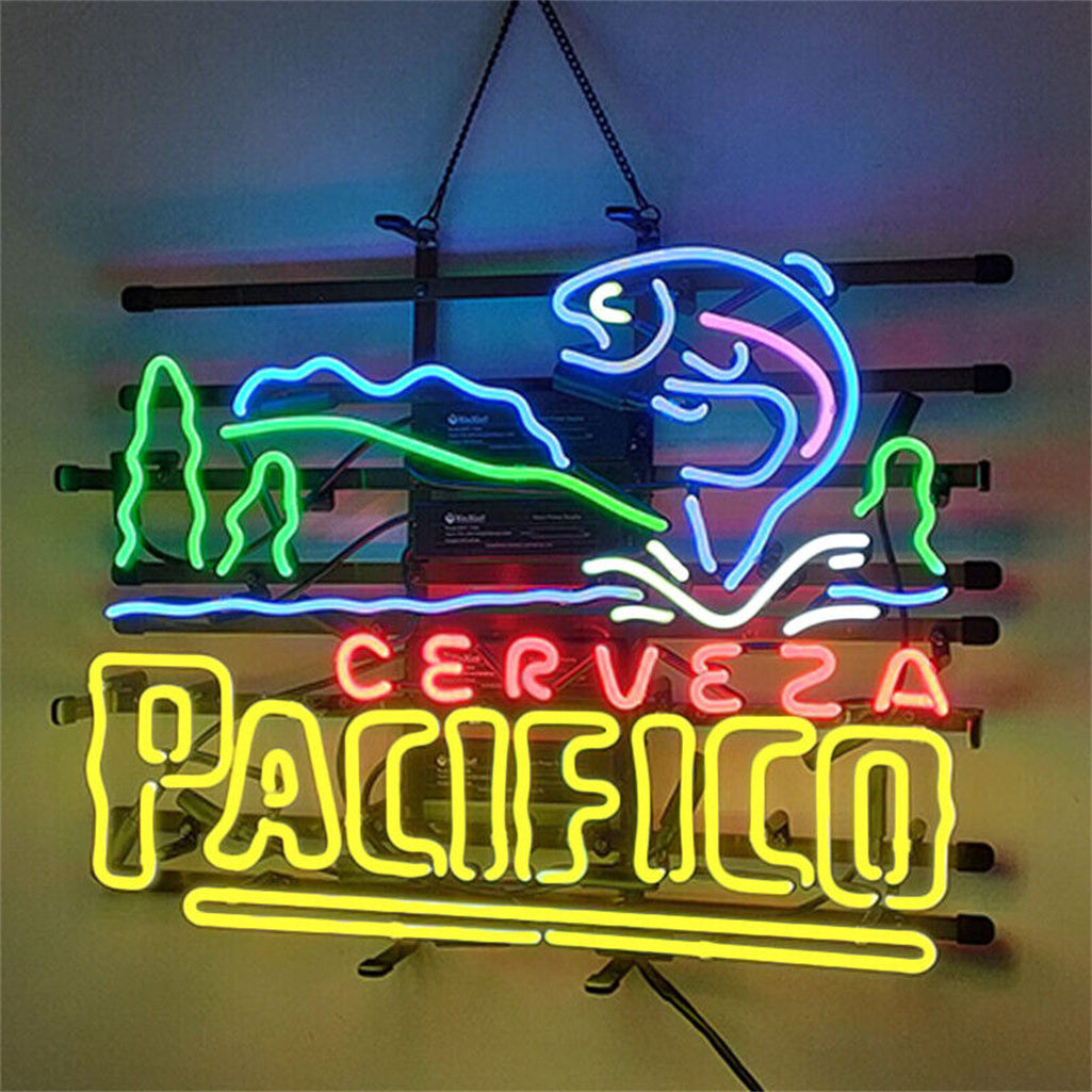 Pacifico Beer Go Fishing Neon Sign Light 19x15 Inches with Real Glass Tubes and Metal Grid
